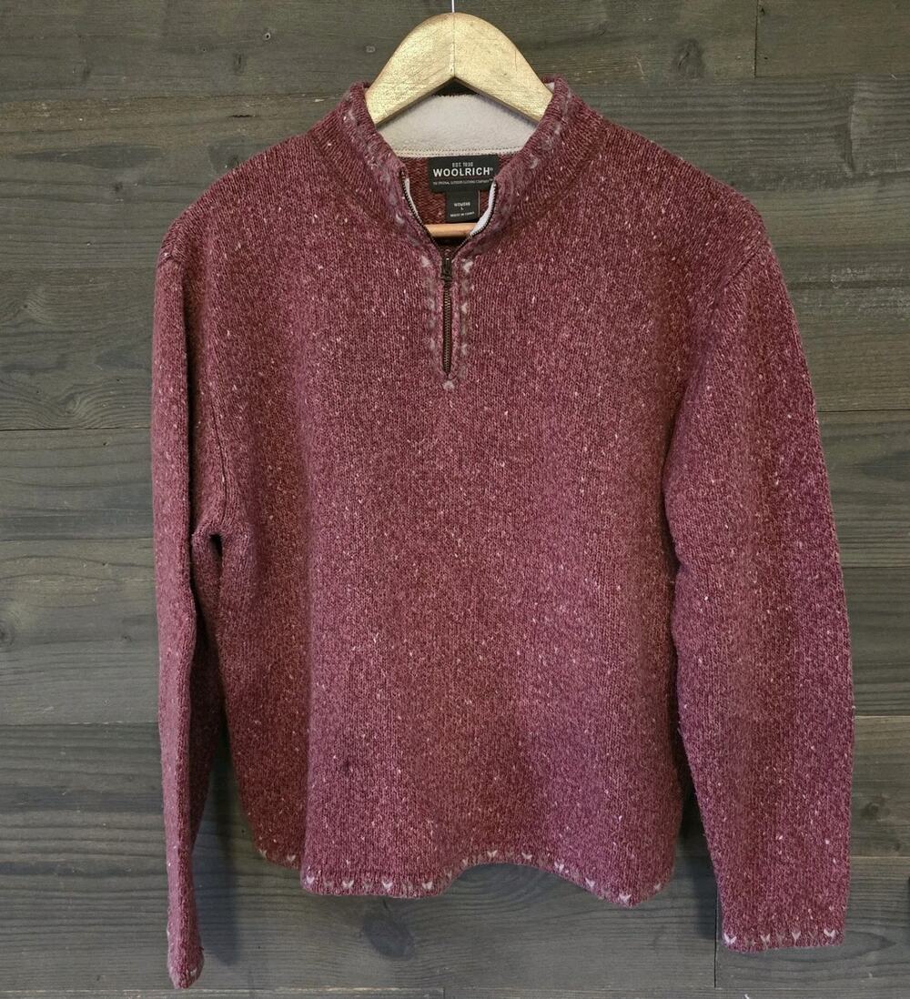 Woolrich Womens Large Burgundy Red Quarter Zip Cable Knit Embroidered Sweater